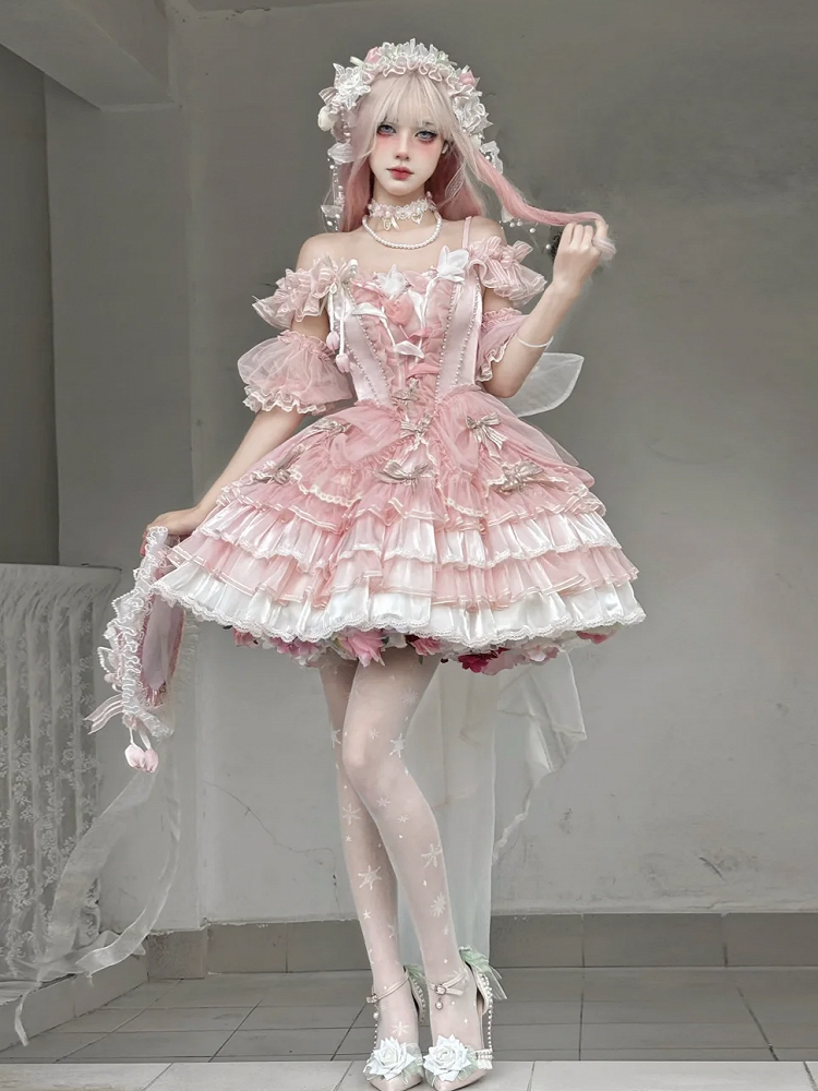 Theme Pink Tulip Lolita Dress Balletcore Hime Layered Skirt