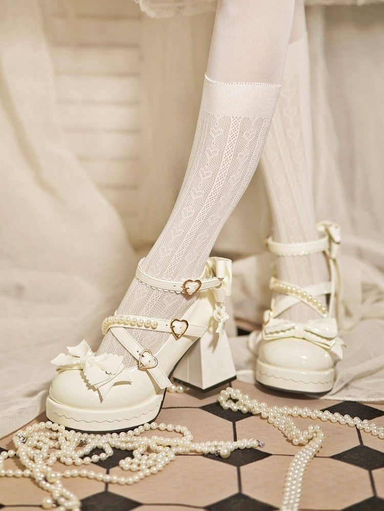 Platform Mary Block with Straps Crisscross - Janes Heel Buckle High Sweet Lolita White Heart Beaded