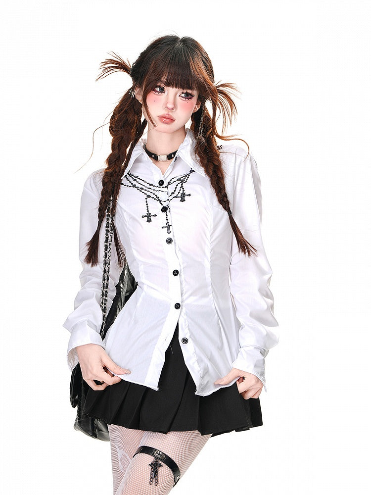 Back at White/Blue with Lace-up Detail Cross Chain Print Shirt