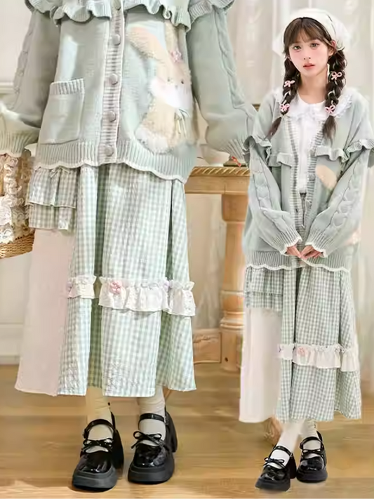 モリケイ グリーン チェック柄 ニット 花柄 蝶結びディテール スカート
