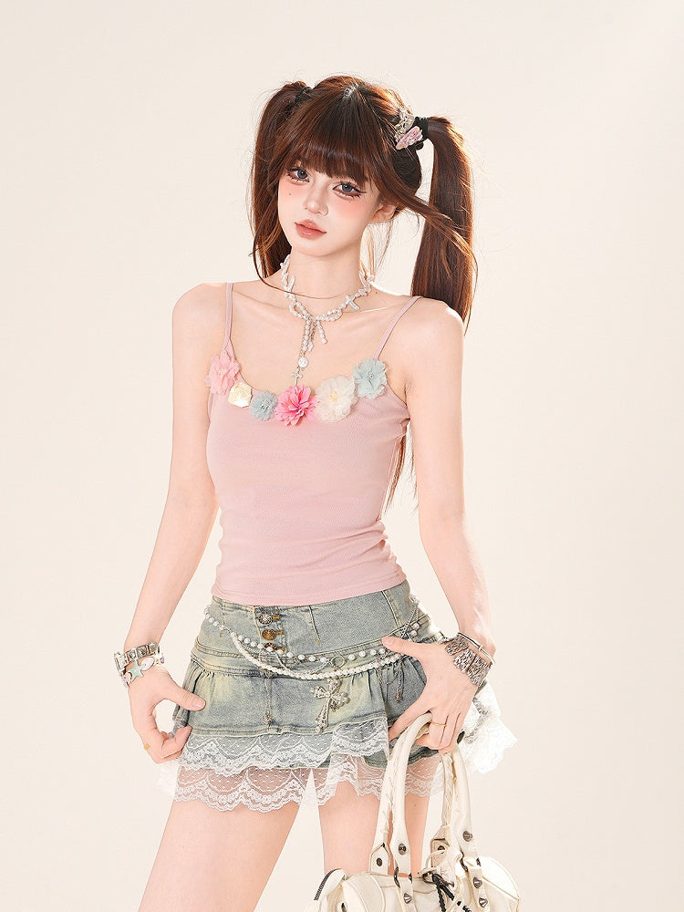 Pink Floral Embellished Neckline Slim-fitting Cami Top