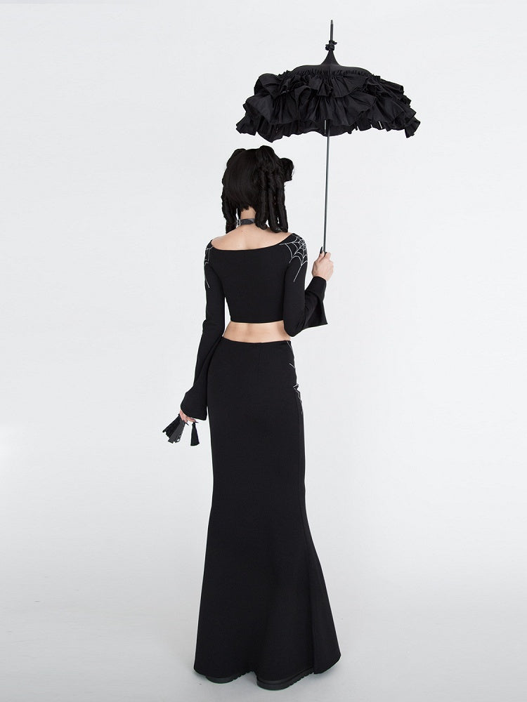 Gothic Black Spiderweb Bell Sleeves Cropped Top