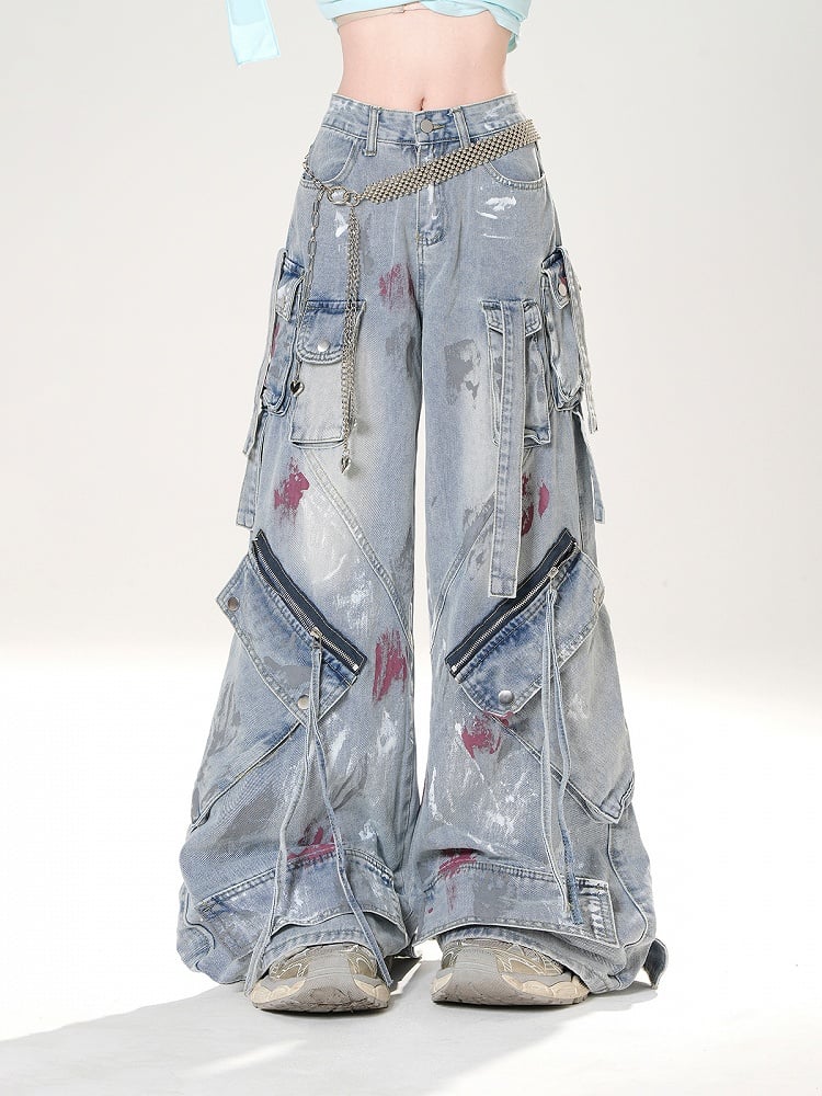 Low Details Distressed Spray Paint Print Blue Wide-leg Jeans Rise Zipper