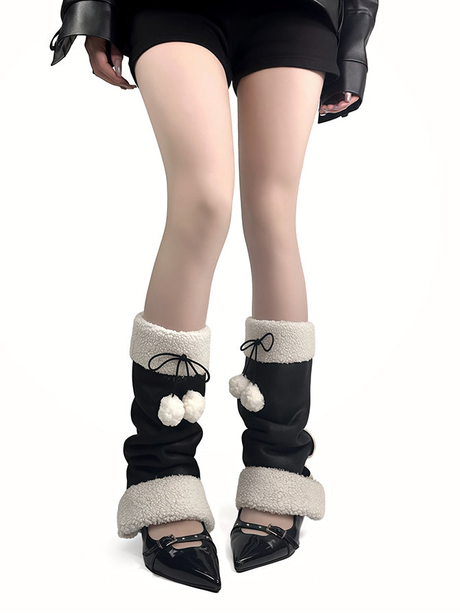 Black Y2K Bowknot Plush Cuffs Leg Warmers With Pompons