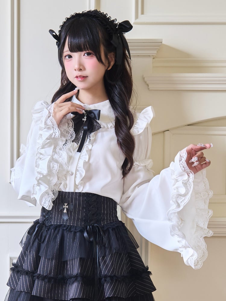 Jirai Kei Peter Collar Bowknot Sleeves Ruffled Lace Gothic Lolita Pan Trim White Blouse with Detachable Bell