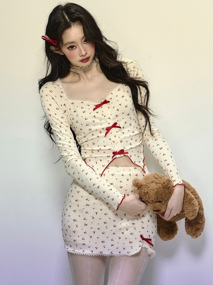 Apricot Floral Pattern Square Neckline Crop Top with Bowknot Details