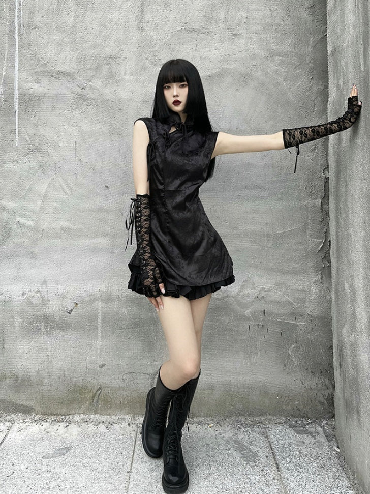 Gothic Black Fingerless Gloves with Lace-up Detail