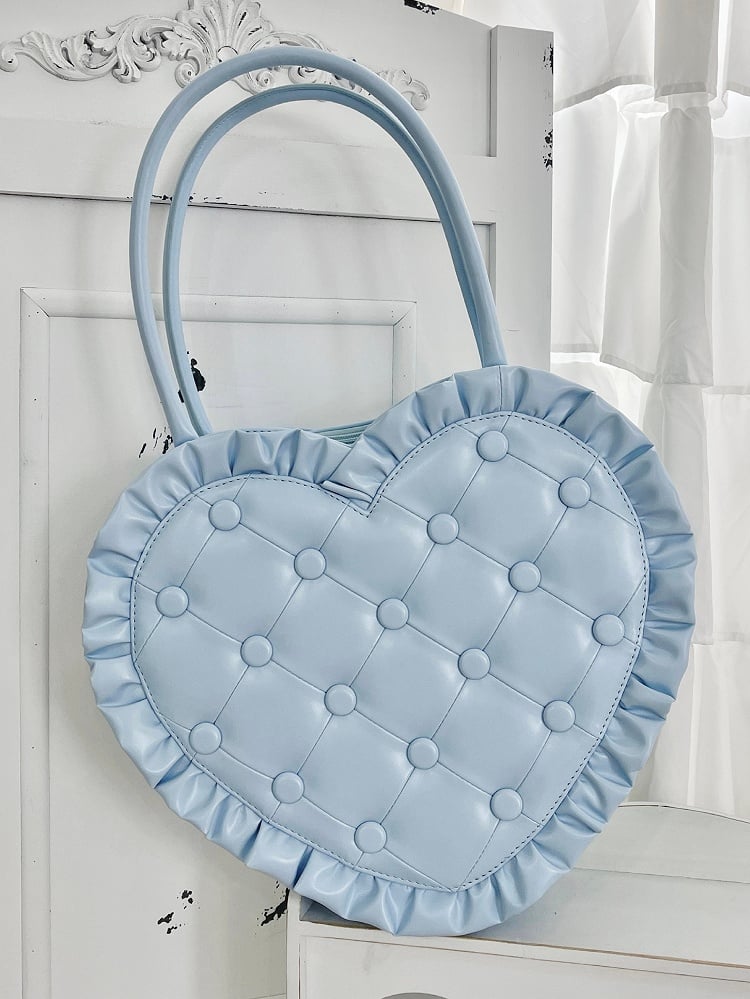 Handbag Heart-Shaped and Quilting Diamond with Blue Lolita Edges Frilly Ruffle