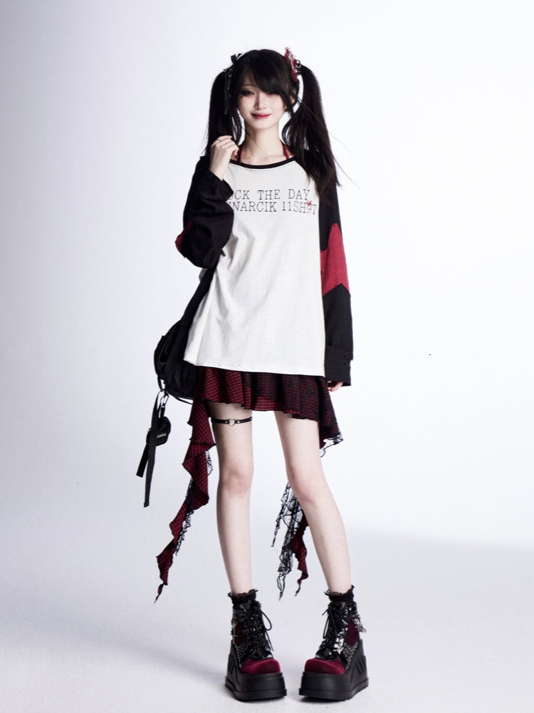 Loose Top Sleeves Black and White Colorblock Design Star Appliques