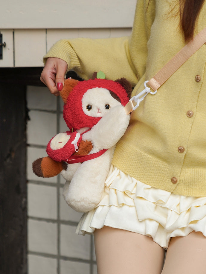 Red Cute Apple Plush Keychian Middle/Large Bag Backpack White Hat Heart Kitty Size + Backpack/Crossbody