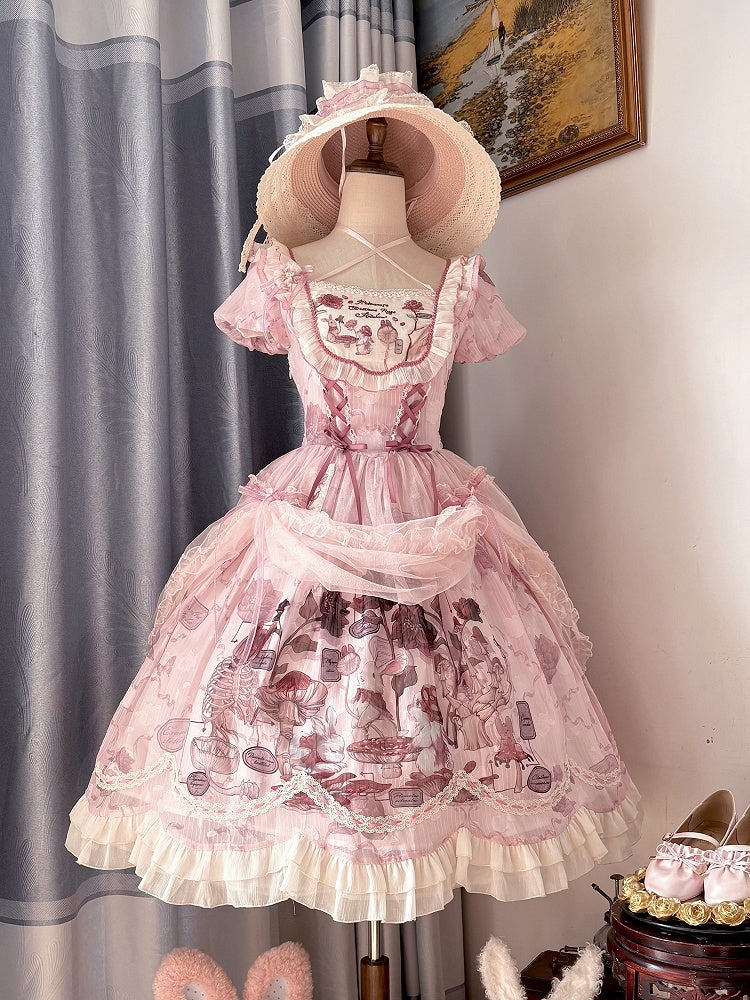 Waist Scalloped Pink Trim Bunny Edge Princess Dress Skirt Lolita Print Ruffle Basque