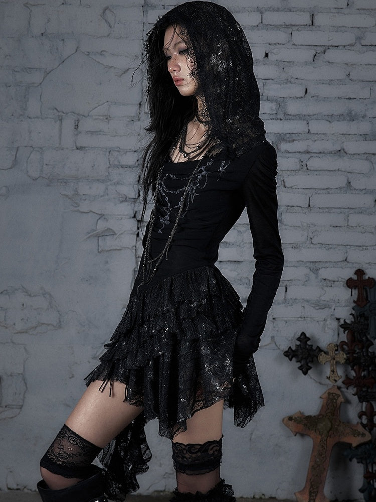 チェーンドレス クロスパンク ブラック/ベージュ ビーズ ウェイストランドトリム プリント レース