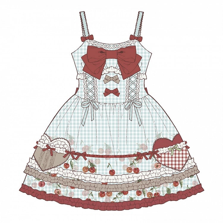 Cherry Dress Print Blue Lolita Sweet Jumper Skirt Red Gingham