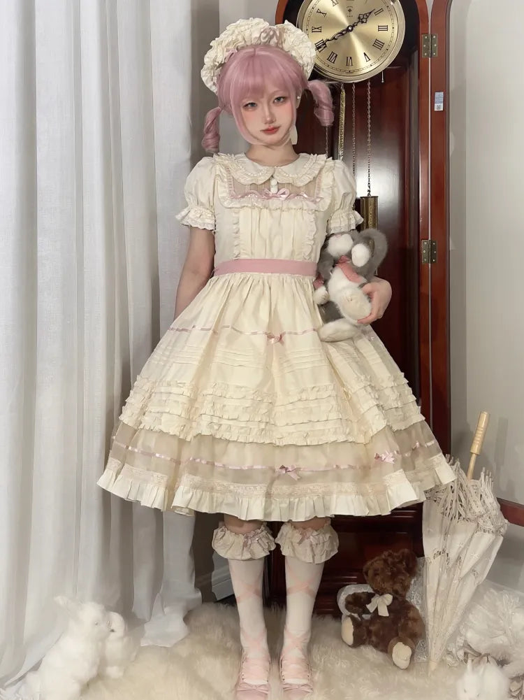 Lolita Pink Beige Peter Dress Cotton Bow and Collar Accents Pan