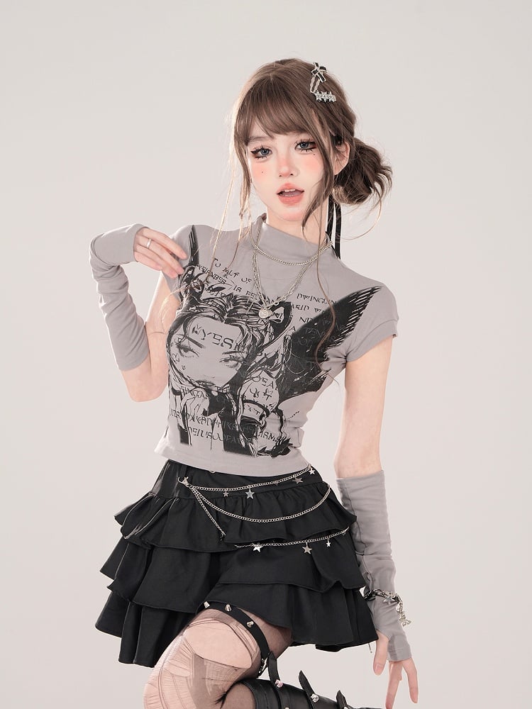 Character Print and Matching Fingerless Gray Mock Neck T-shirt with Manga Gloves