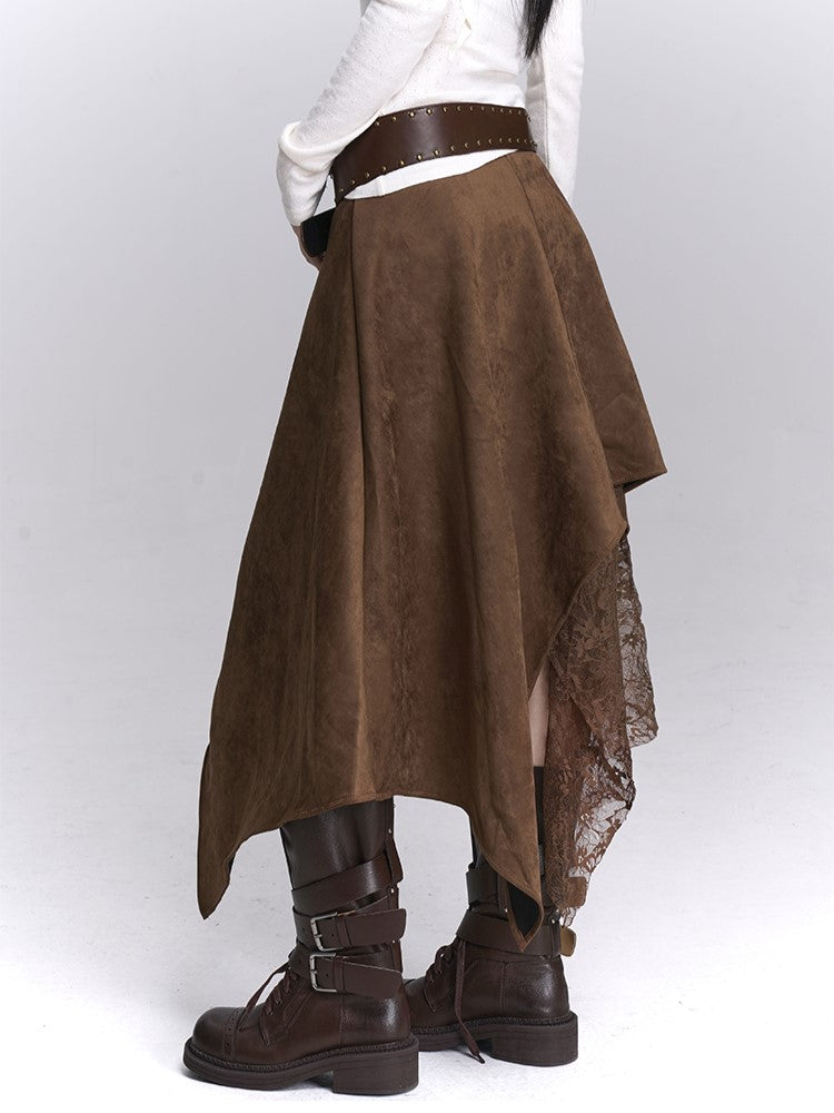 with Fashion Lace Handkerchief Hem Coffee Skirt Details Wasteland Patchwork Millard Suede