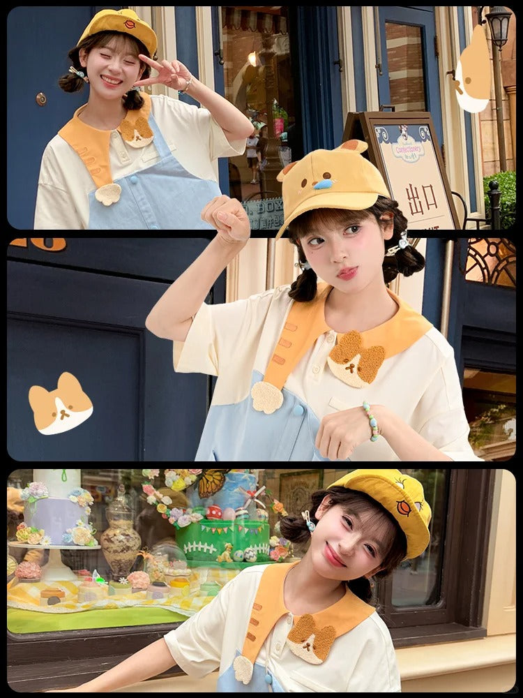 Faux Adorable Kitty Collar Blue and White Colorblock Design Dress Two-pieces