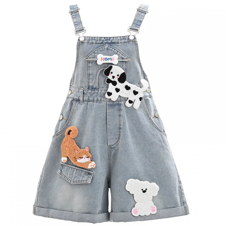 Blue High Detachable Waist Kitty Denim Overalls and Puppy Appliques with