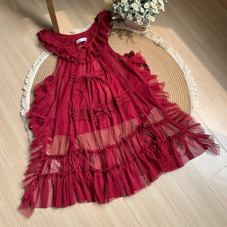 Details Rüschen und rosa Stil rote Punkte Schleife Überkleid Tüll Haus Trim