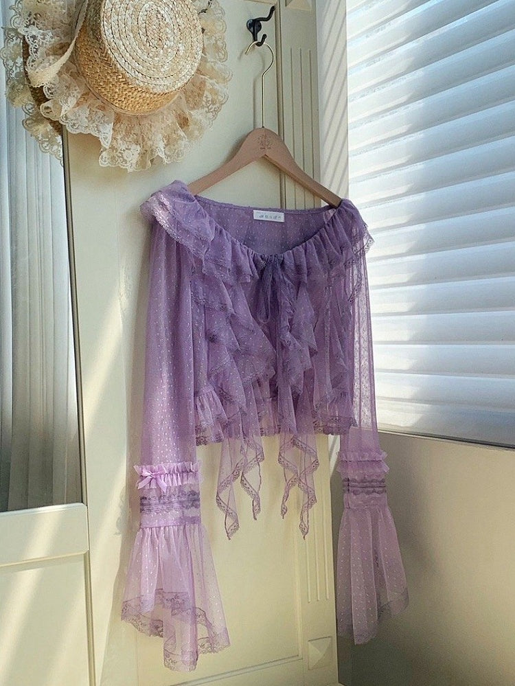 Long Sleeves Ruffle Sheer Top Cascading Dotted Purple Trim Tulle