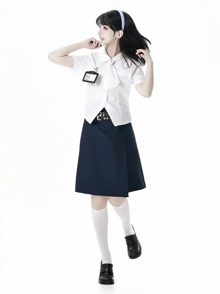 Uniform Navy Blue JK Knee-length Skirt with Double Buckle Belt