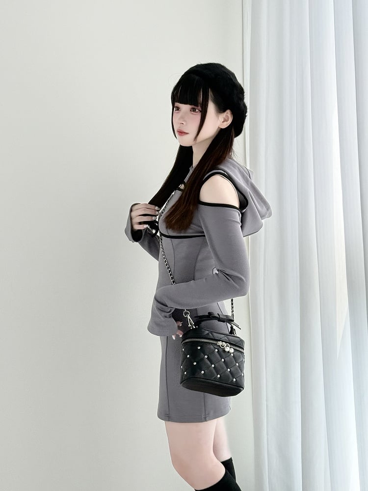 Jirai Hoodie Shoulder Gray Daywear Cutout Kei Above-Knee - Chest Dress