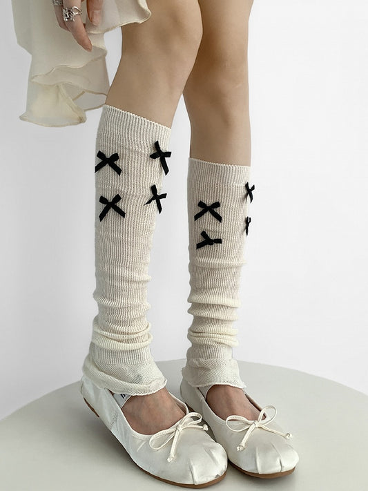 Bowknot Details Gray/White Knitted Warmers Leg