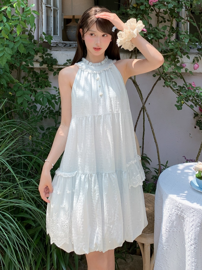 Light Skirt Buttons Sleeveless Dress Halter Neck Bubble Blue Ruffled Bead