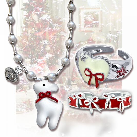 Y2K レッドリボンリング/ビーズネックレス