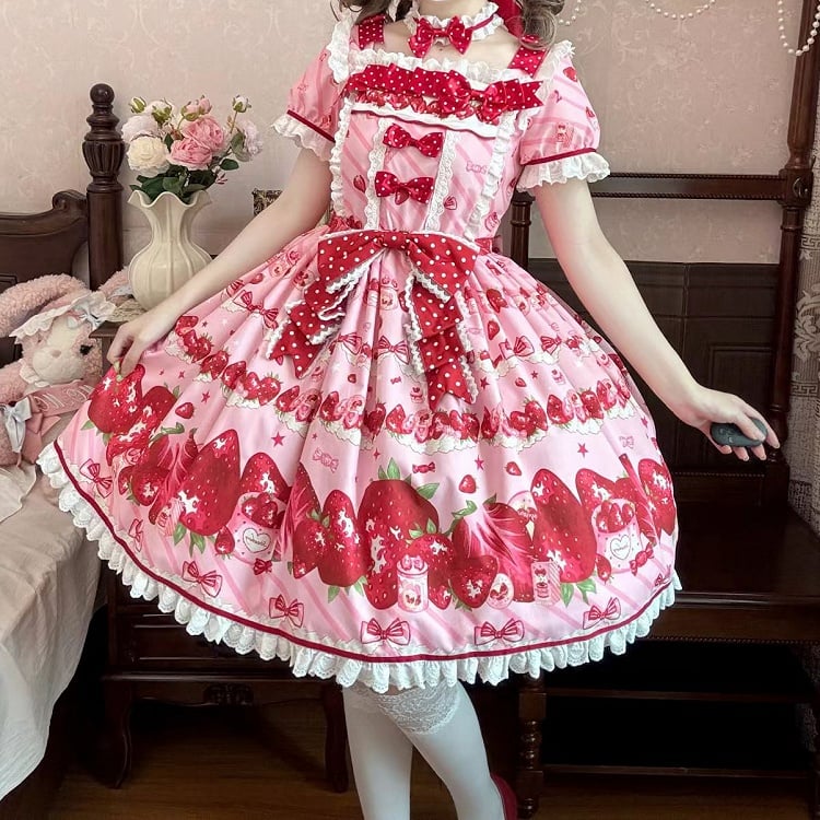 Set Strawberry Dress Sweet Lolita Short Sleeves Full Print Pink