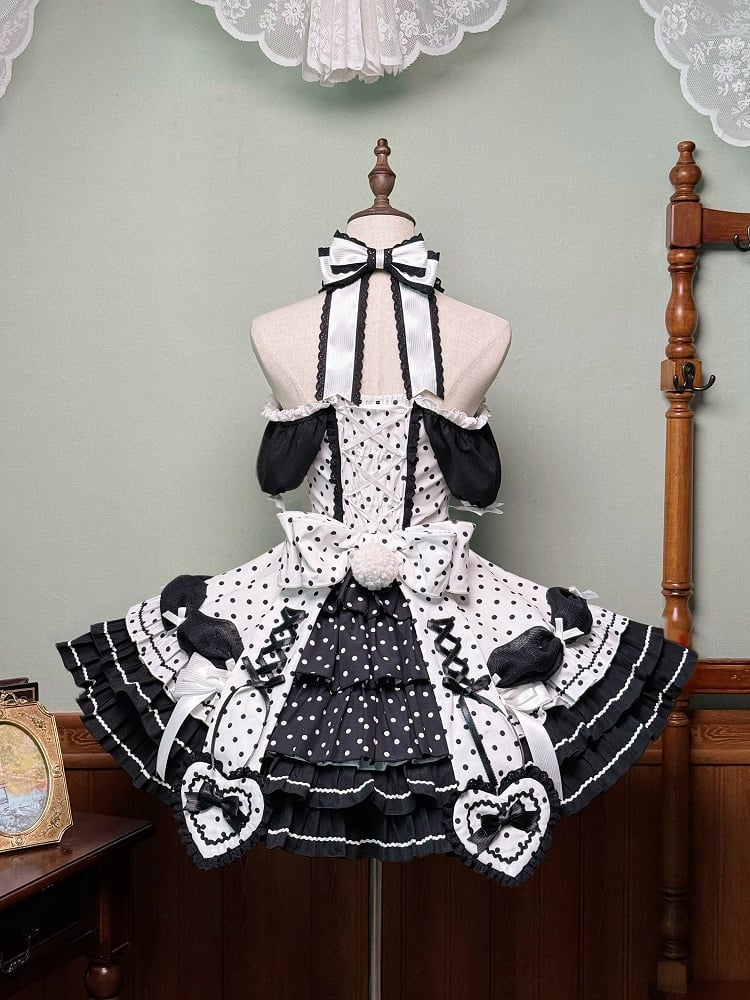 Akzente Schwarz Polka Dots Kleid Old School Schleife Weiß Lolita Neck Halter mit