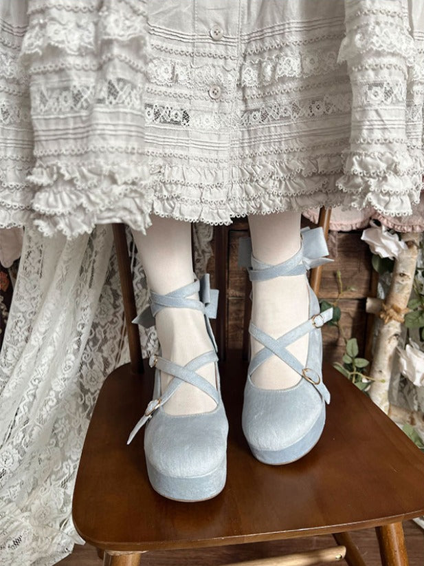 Sweet Accent PU Design Platforms - Blue Wedge Crisscross Lolita Bow