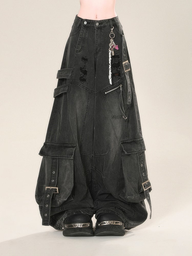 Black Distressed Holes Buckle Wide-Leg Jeans Cargo Pockets Straps