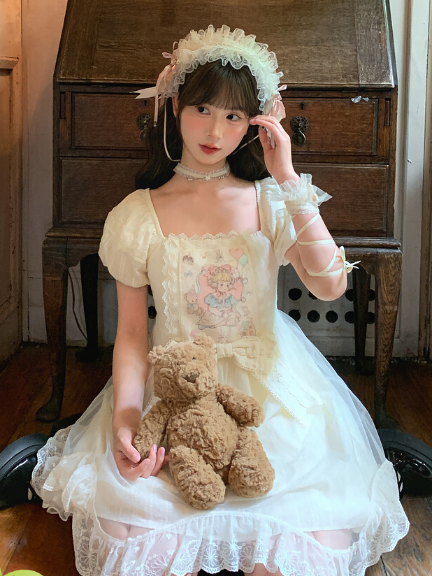 Sweet Fairy Tale Print Apricot Square Puff Short Casual Bow Big Lolita Dress Waist Neckline Sleeves and