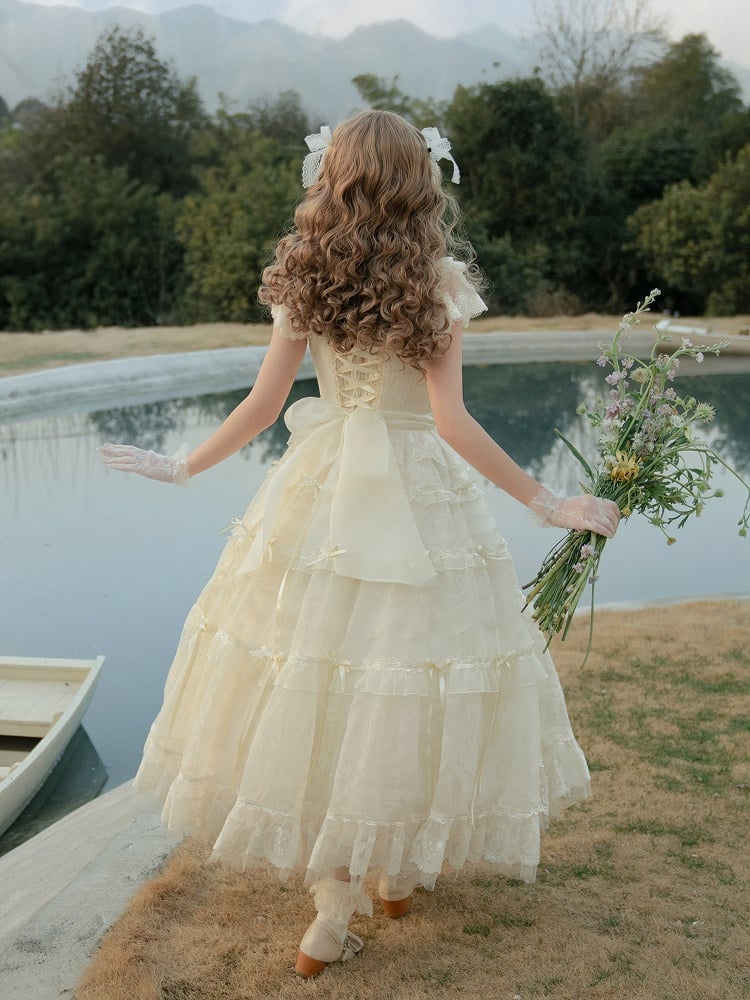 Beads Bow Creamy Princess Accents White Neckline Ribbon Dress Lolita