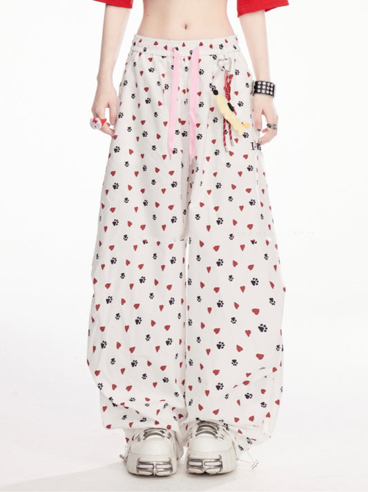 with Charm White Allover Paw Print Drawstring Cuffs Wide-Leg Pants Free