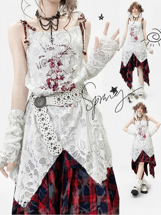 Ärmel mit weißem Design, Ausschnitt, Cami-Print-Kleid, Details Y2K