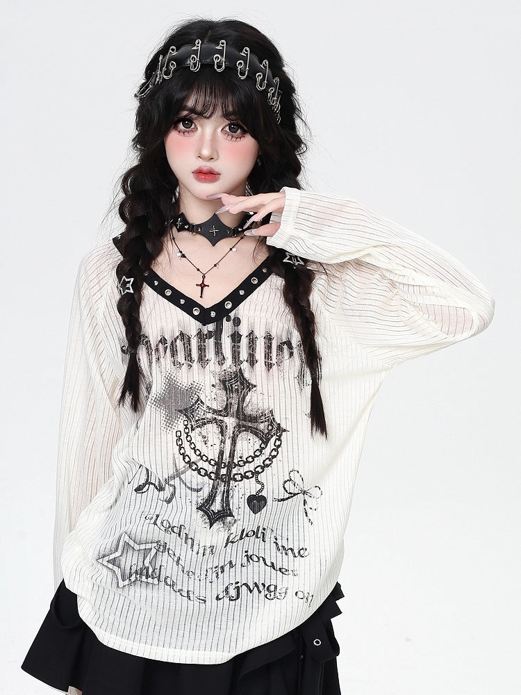 Metallic Semi-Sheer Neckline Print Apricot Top with Punk Graffiti - Eyelet