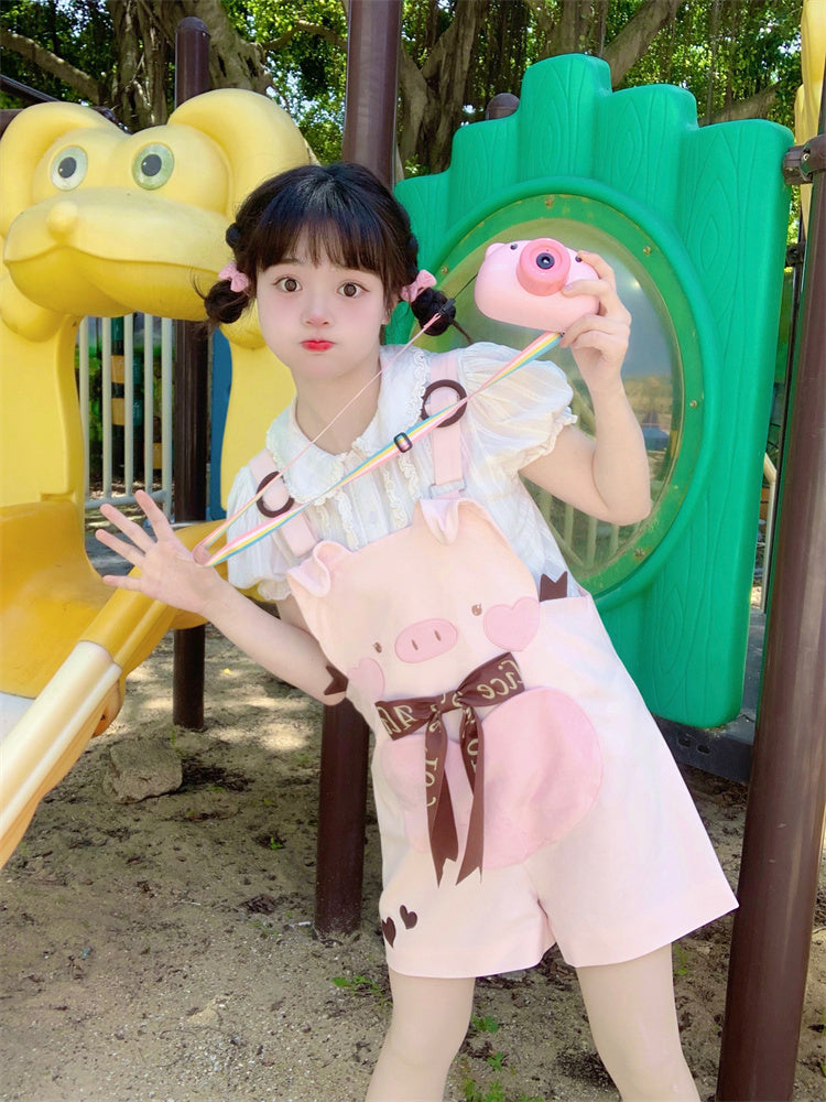 Adorable Piggy Pattern Bubble Shorts Overalls Pink