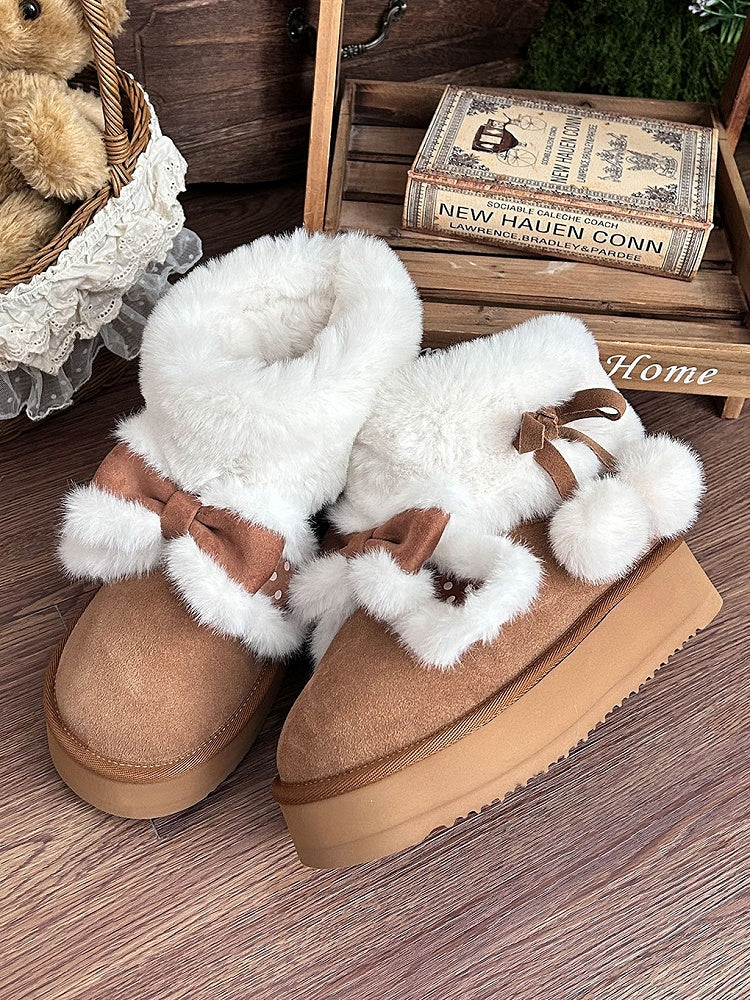 Bunny Pompom Light with for Adjustable Dot Boots Brown Ties Plush - Winter Accents Sweet Lolita