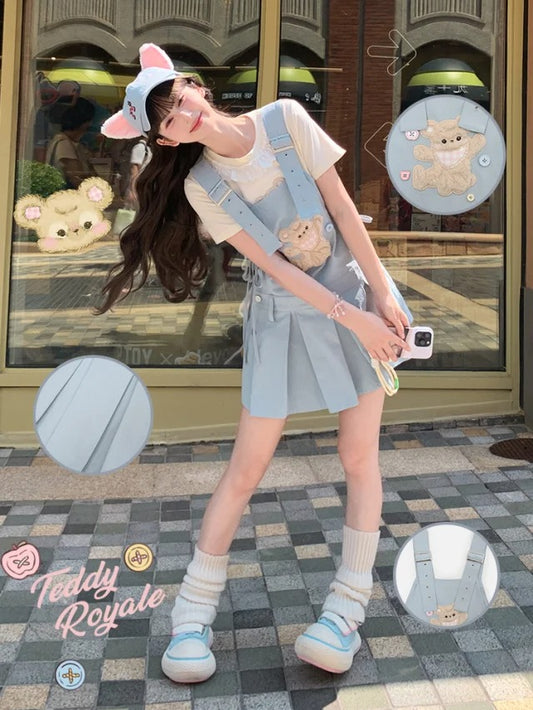 調節可能なぬいぐるみクマのアップリケブルーボックスプリーツオーバーオールドレスストラップショルダー