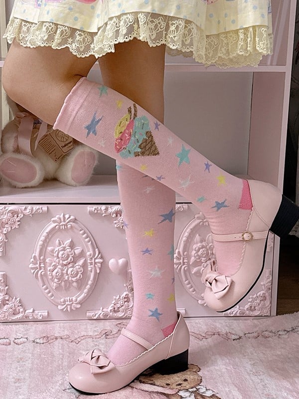 Pink/Blue/Purple/Yellow/White Star Lolita Socks Ice Design Calf Print Cream