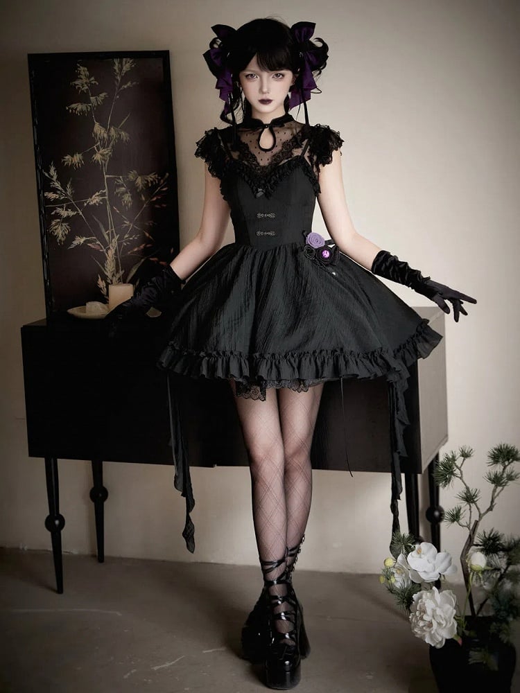 Sleeves Tulle Black Top Dotted Flutter Collar Qipao Sheer