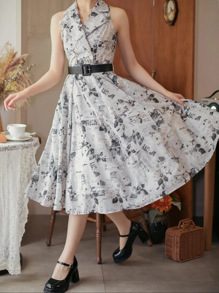 Blazer Collar 1950s Retro Dress Summer Fashion Print Newspaper