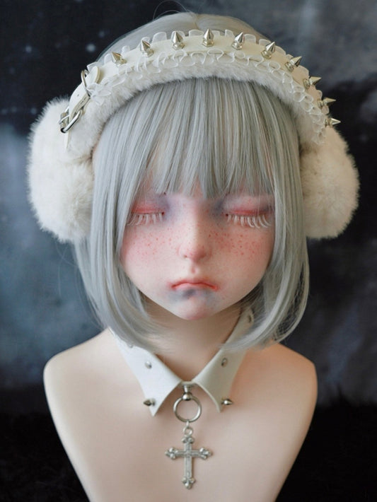 White Handmade Studs and Pins Ruffle Hem Heart Plush Earmuffs