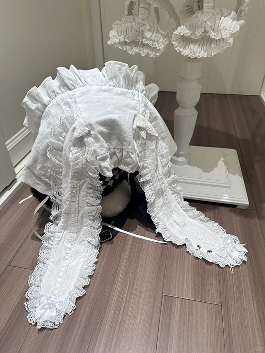 with White Lace-trimmed Ear Bow Decoration Bunny Hat