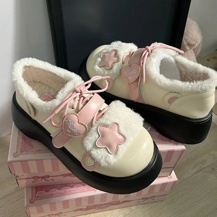 Accents Strap Design Winter Closures Beige Star Lolita Velcro Pink Fleece Lining Sweet Heart Cozy Platforms with