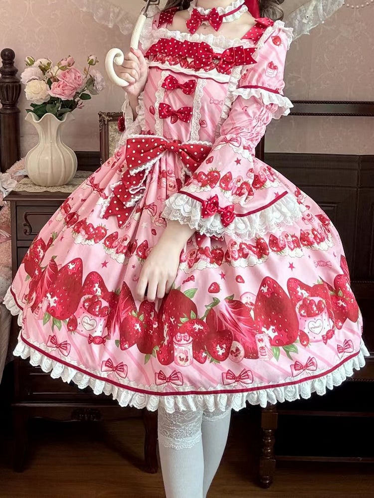 Set Strawberry Dress Sweet Lolita Short Sleeves Full Print Pink