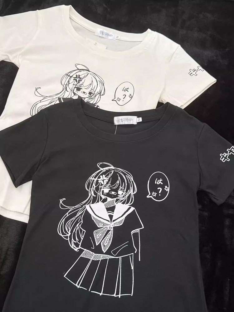 Round Neck with White / Anime Girl Print Cotton T-Shirt Black