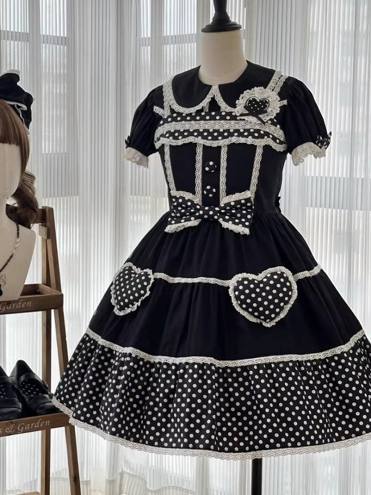 Dress School Polka Old Black Cotton White Dots Lolita